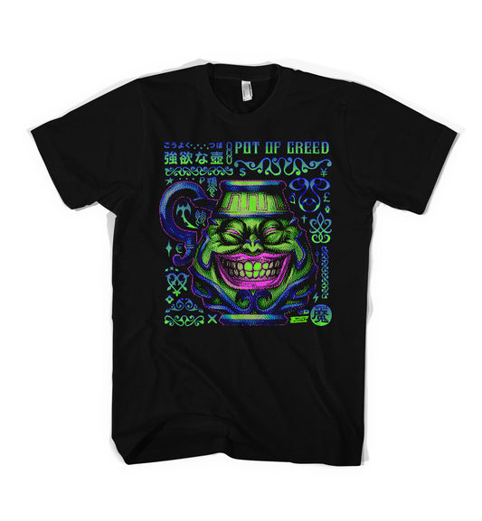 Pot of Greed Yu-Gi-Oh t-shirt with neon green and purple artwork on black tee